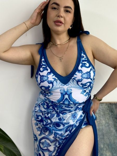 Стильний принтований суцільний купальник PLUS SIZE з парео SW3671 фото