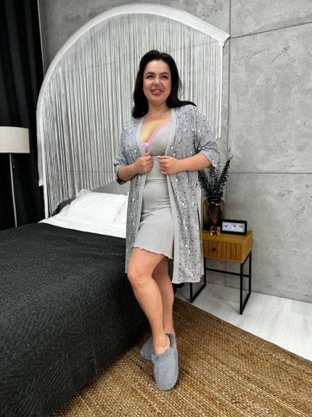 Піжамний сірий комплект: халат + нічна сорочка PLUS SIZE DO2790-2XL фото