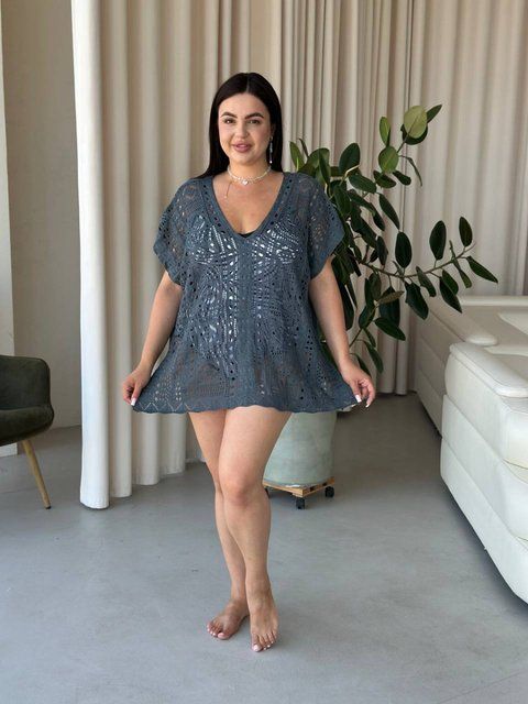 Пляжна коротка сіра туніка PLUS SIZE тоненька в'язка SW669/1-універсальний фото