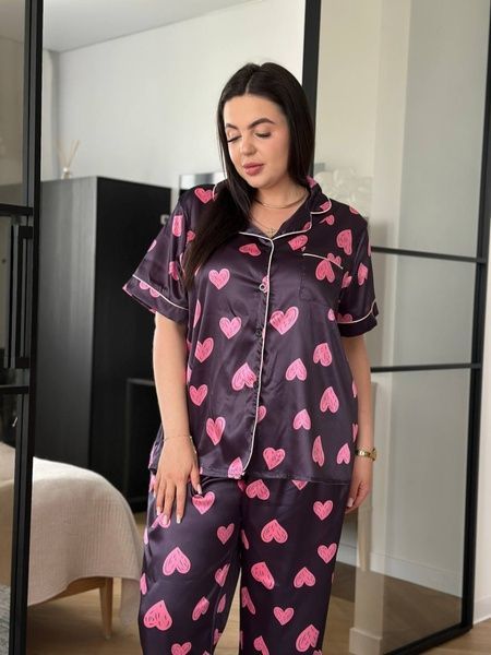 Піжама PLUS SIZE чорна у сердечко з сорочкою та штанами DO3634-5XL фото