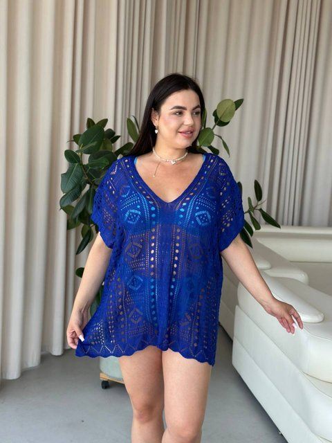Пляжна коротка синя туніка PLUS SIZE тоненька в'язка SW669/3-універсальний фото