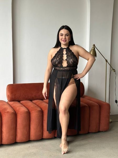 Еротичний чорний мереживний довгий пеньюар PLUS SIZE DO3249-XL фото