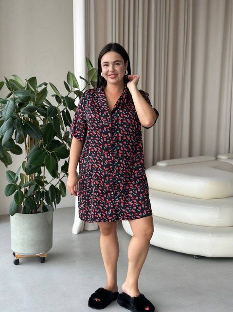 Шовкова сорочка на ґудзиках для дому PLUS SIZE DO3512-2XL фото