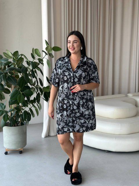 Шовкова чорно-біла сорочка для дому PLUS SIZE DO3511-2XL фото