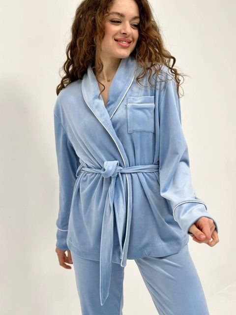 Велюрова блакитна піжама з сорочкою на запах DO2824/1-4XL/5XL фото