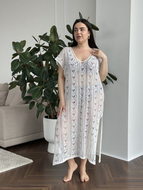 Пляжна довга мереживна біла туніка PLUS SIZE SW3583-універсальний фото