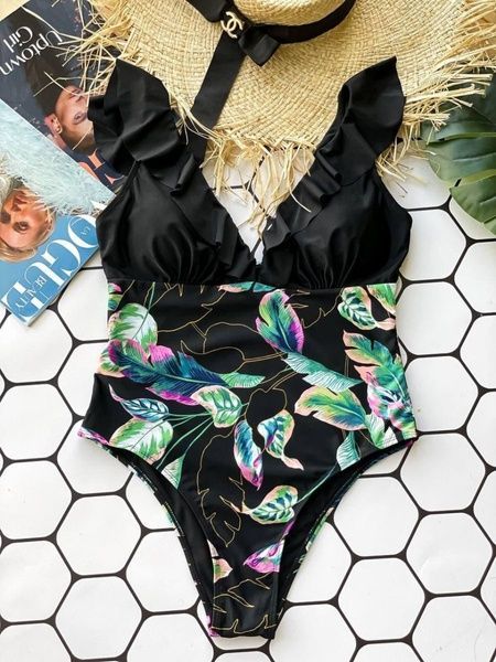 Суцільний купальний PLUS SIZE з підтримкою грудей в тропічному принті SW1284-L фото